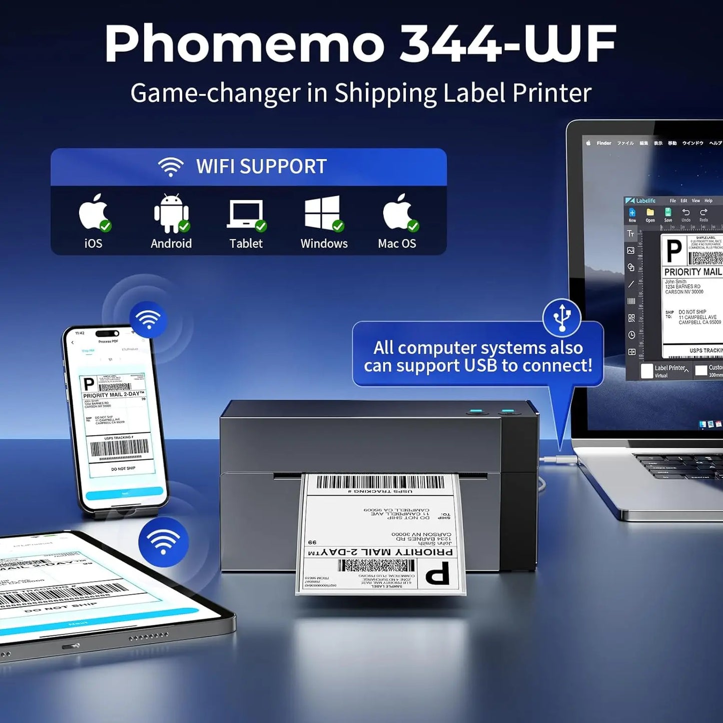 Phomemo 344-WF label printer with smartphone, tablet, and laptop displaying label prints on a blue background.