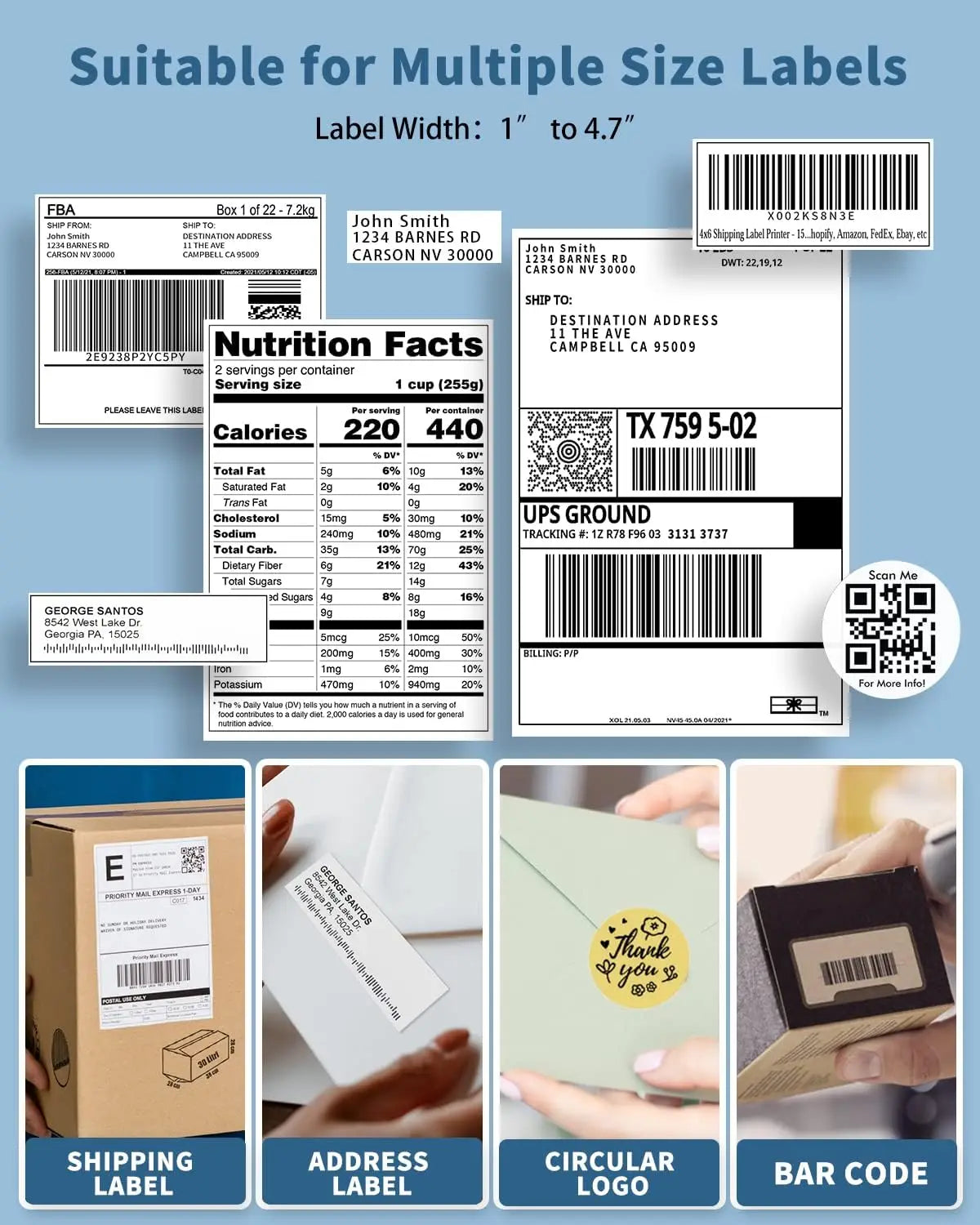 Collection of various labels including shipping, address, nutrition facts, and bar code labels on a blue background.