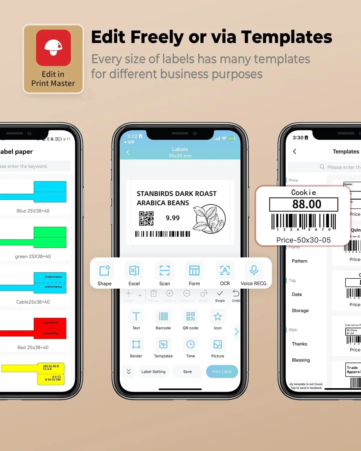 Smartphone app interface for label design with templates and features on a beige background