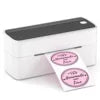Small printer with a pink label on a white background