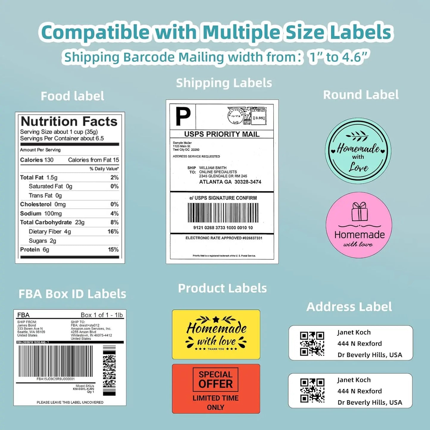 Collection of various labels including food label, shipping label, round label, FBA box ID label, product label, and address label on a blue background.