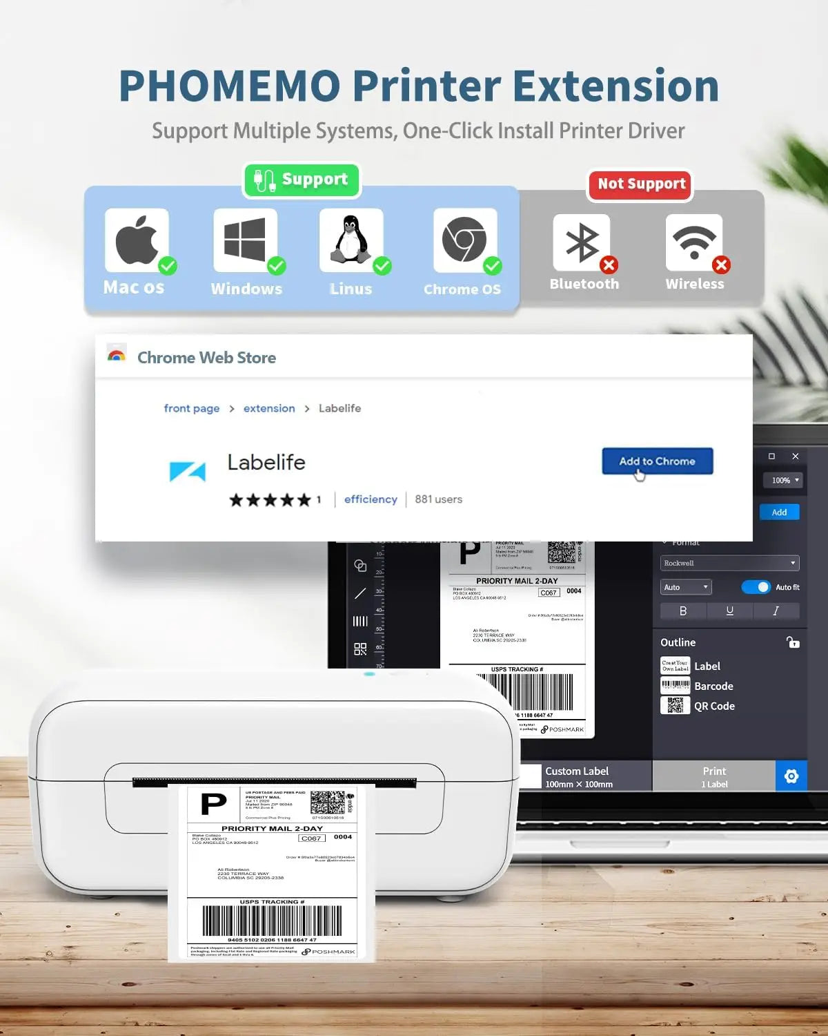 PHOMEMO Printer Extension software interface with printer and label on a desk