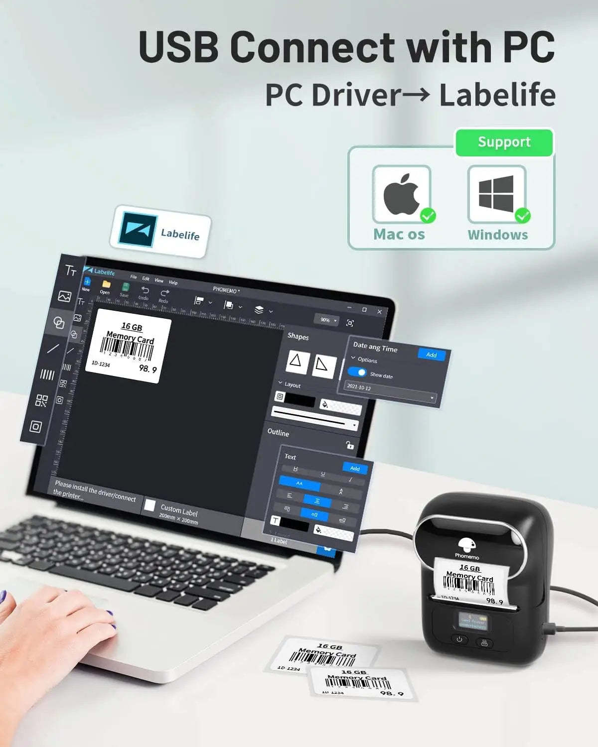 Laptop with label software, barcode printer, and text 'USB Connect with PC' on a light gray background