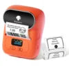 Orange label printer with a roll of labels on a white background