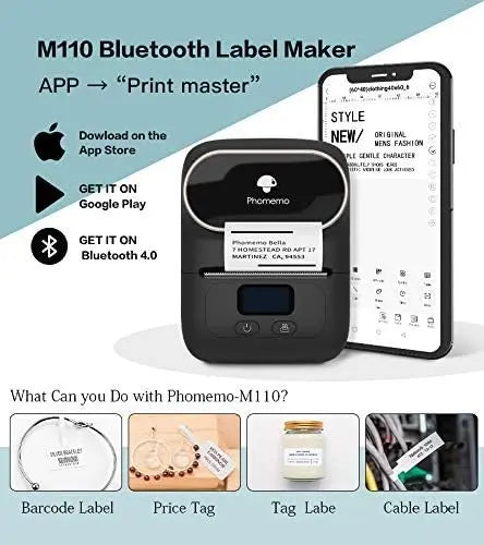 Phomemo M110 Bluetooth label maker with smartphone displaying label design on a light blue background