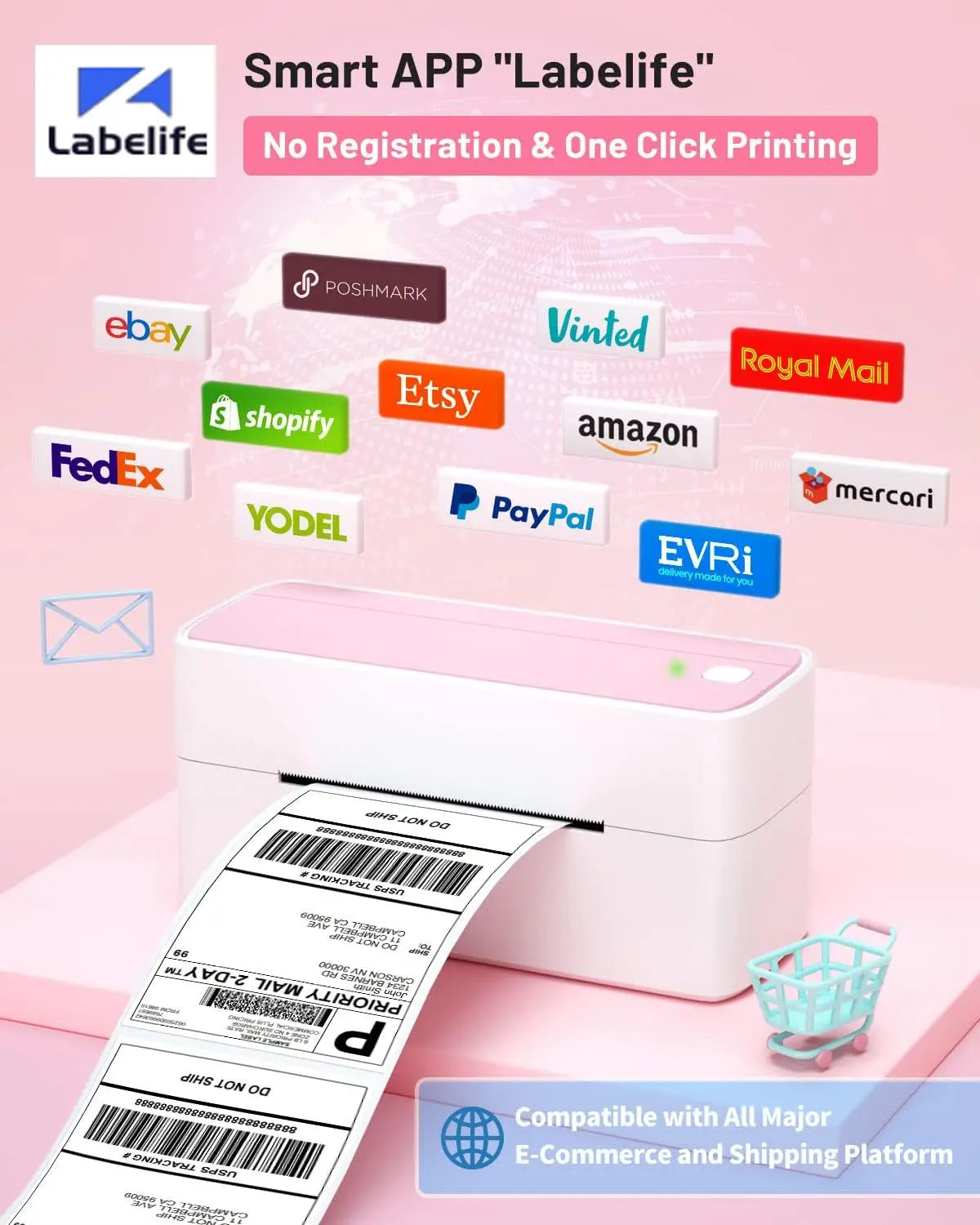 Label printer with labels for various e-commerce platforms on a pink background