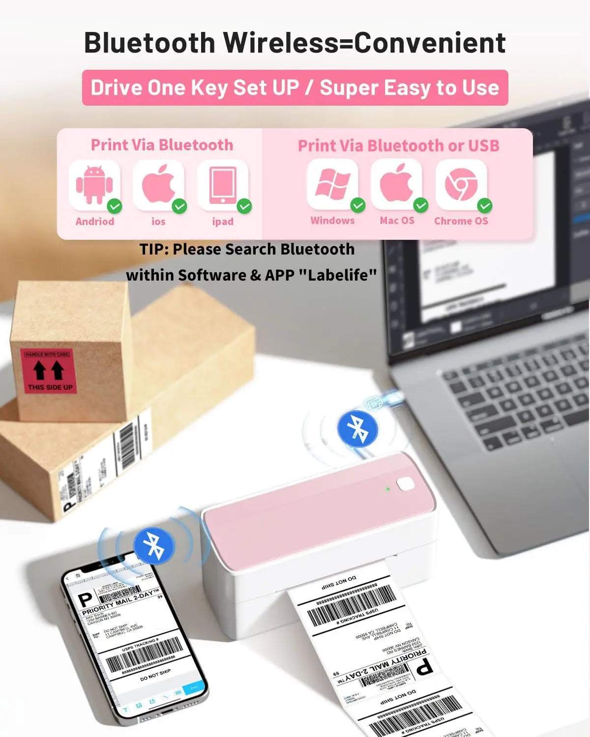 Bluetooth wireless label printer with smartphone, laptop, and printed labels on a desk.