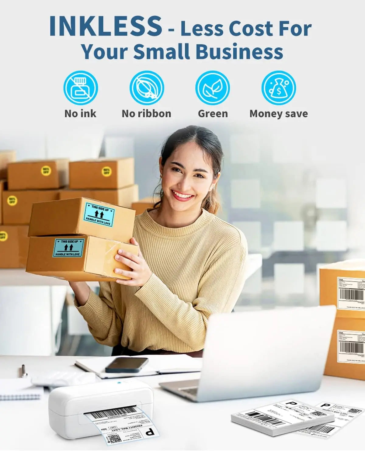 Woman holding boxes with text 'INKLESS - Less Cost For Your Small Business' and icons indicating no ink, no ribbon, green, and money save.