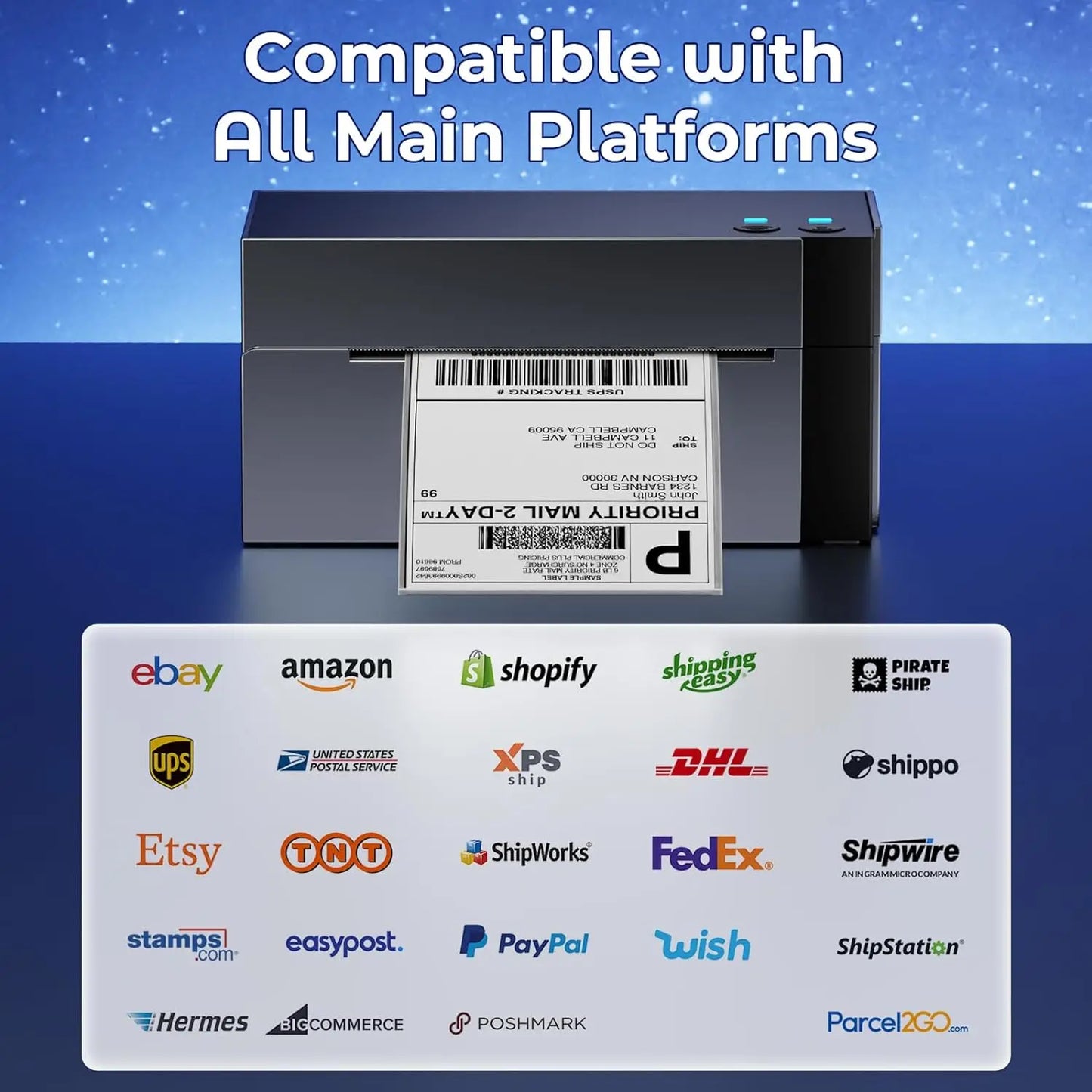 Label printer with a label on a blue background, featuring compatibility logos for various e-commerce platforms.