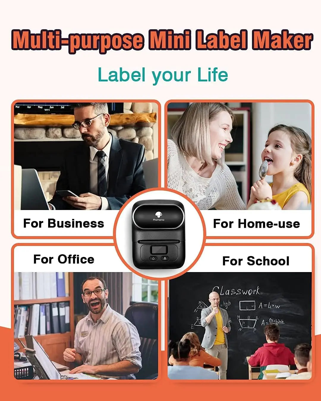 Multi-purpose mini label maker with images of people in various settings and text indicating its uses.
