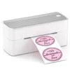Small printer with a pink label on a white background