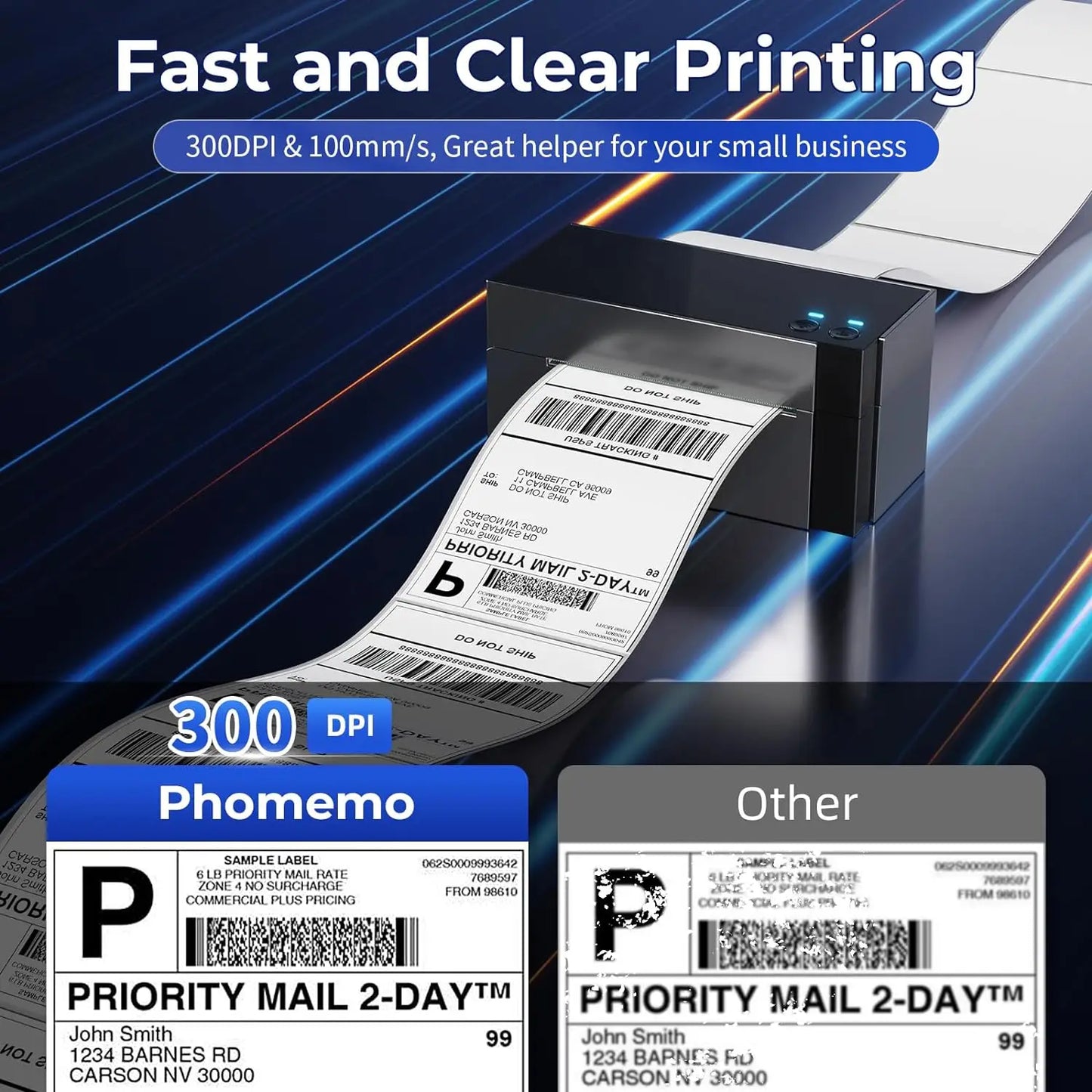 Label printer with printed labels on a dark background, highlighting fast and clear printing capabilities.
