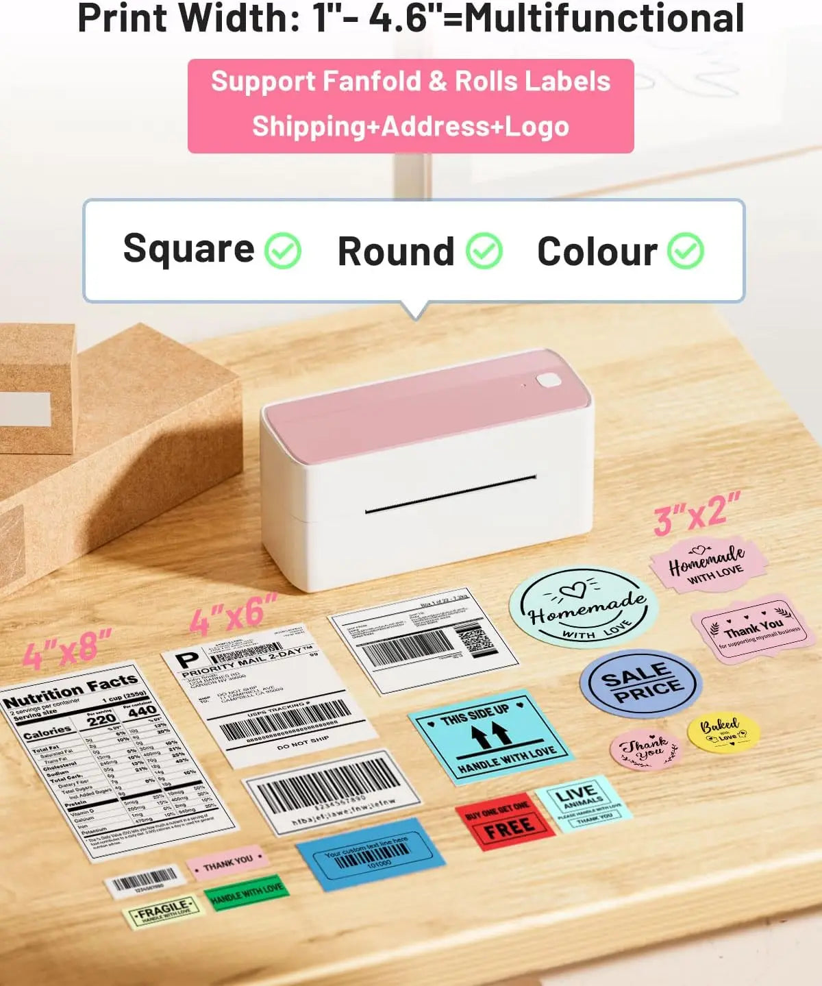 Label printer on a wooden surface with various labels around it, including square, round, and color labels.