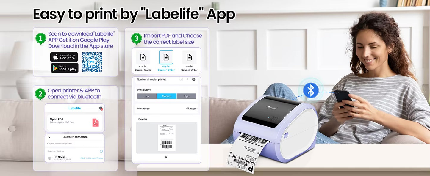 Wireless Thermal Label Printer – Bluetooth & USB Desktop Shipping Printer