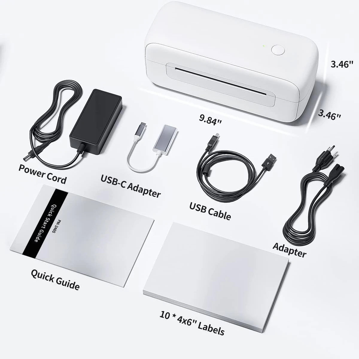 White label printer with power cord, USB-C adapter, USB cable, adapter, quick guide, and labels on a white background.