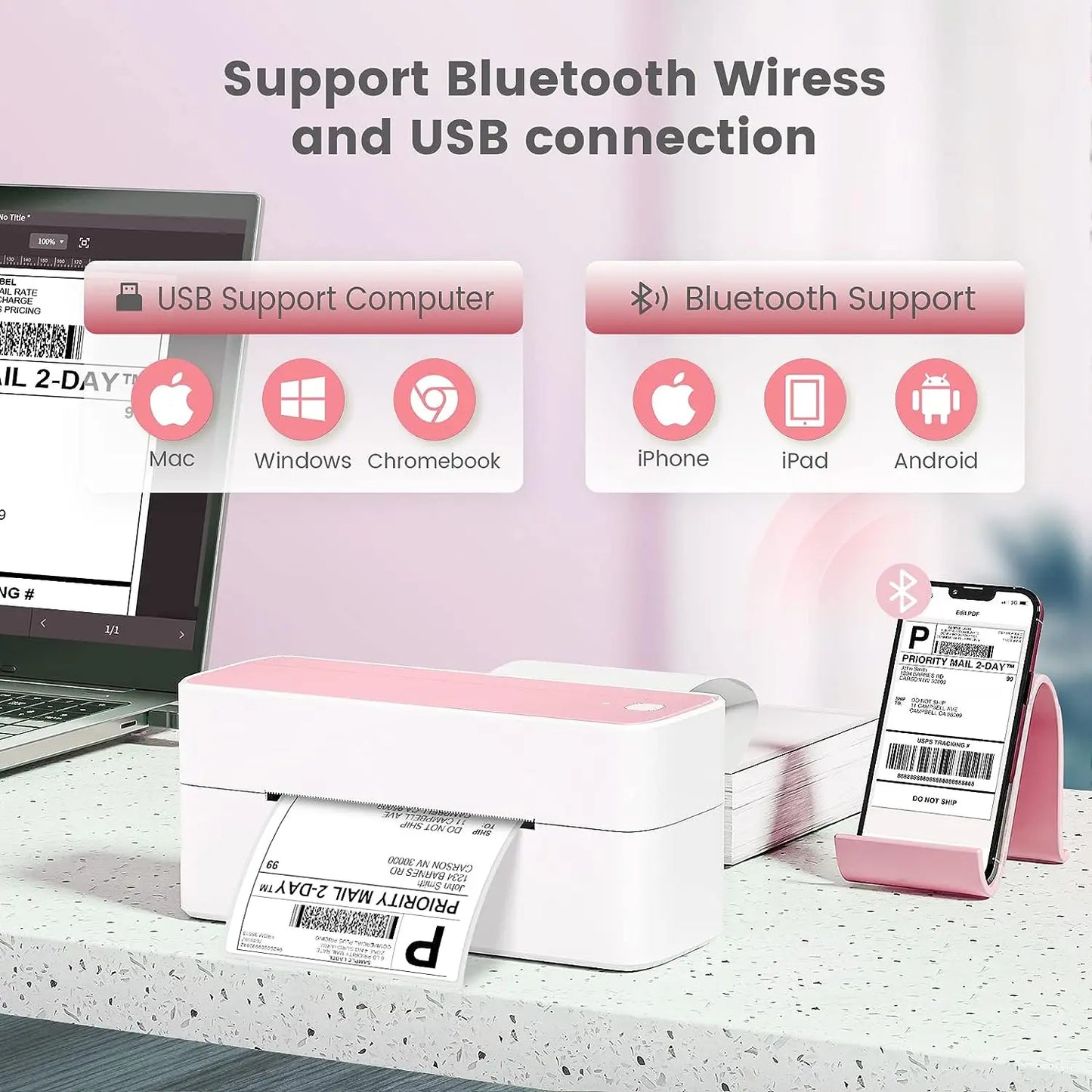 Printer with Bluetooth and USB connectivity support on a desk