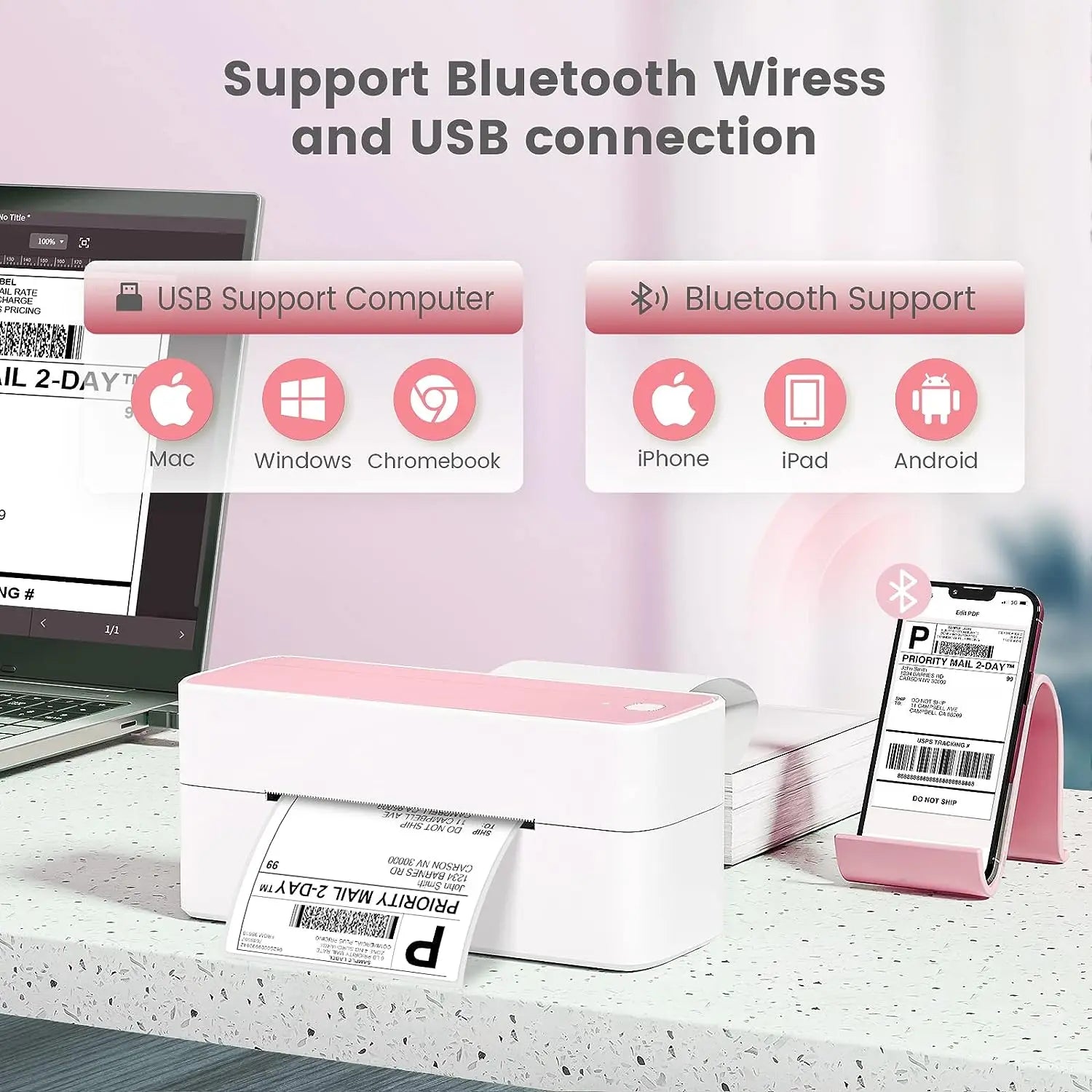 Printer with Bluetooth and USB connectivity support on a desk