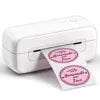 Small printer with a sheet of pink labels on a white background