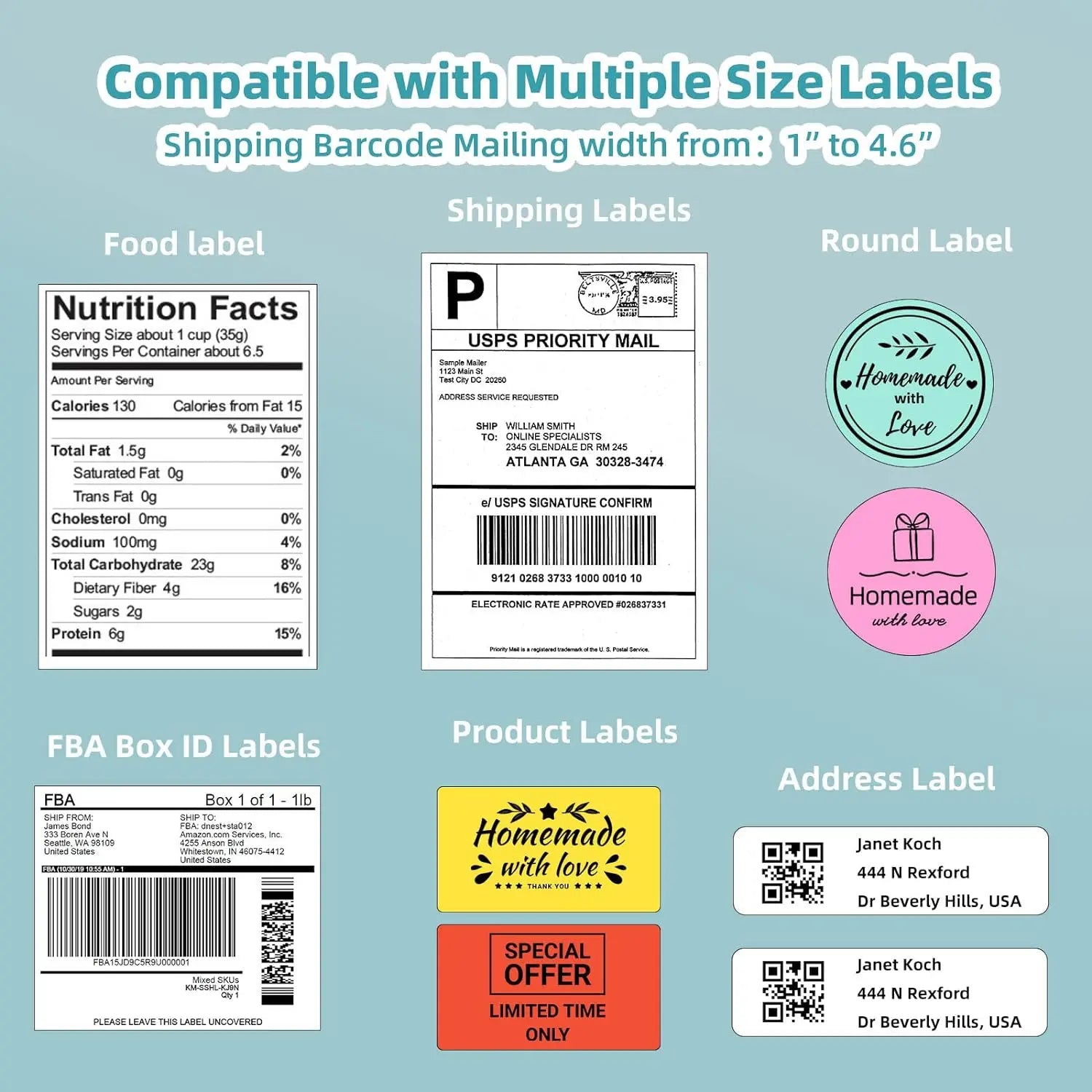 Collection of various labels including food label, shipping label, round label, FBA box ID label, product label, and address label on a blue background.