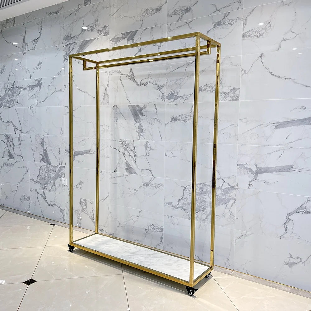 Gold Double-Layer Boutique Garment Rack with Storage Base – Heavy Duty Clothing Display Stand