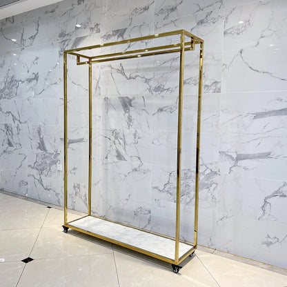 Gold Double-Layer Boutique Garment Rack with Storage Base – Heavy Duty Clothing Display Stand