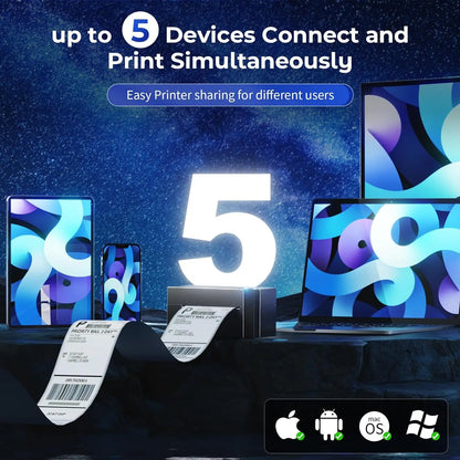 Advertisement for a printer with text 'up to 5 Devices Connect and Print Simultaneously' on a dark background.