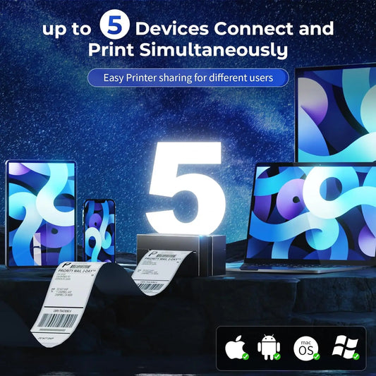 Advertisement for a printer with text 'up to 5 Devices Connect and Print Simultaneously' on a dark background.