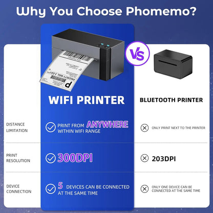 Comparison chart of WiFi printer vs Bluetooth printer with Phomemo branding.