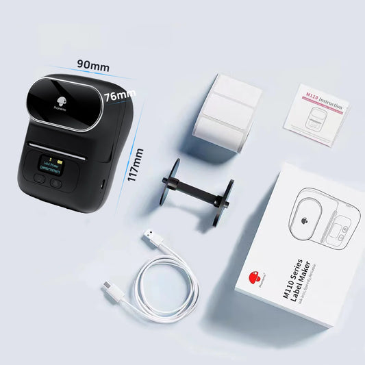 Black label printer with accessories on a light gray background