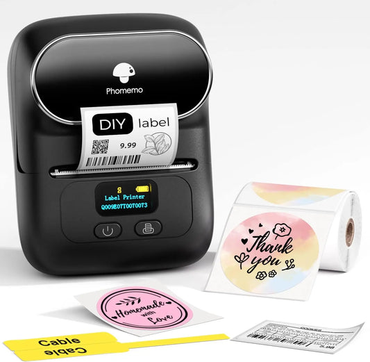 Phomemo label printer with printed labels on a white background