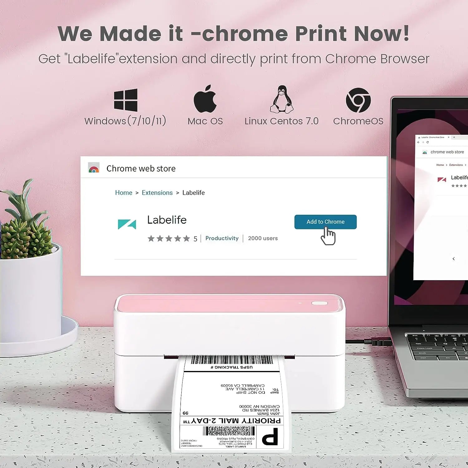 Advertisement for Labelife Chrome extension with printer and laptop on a pink background