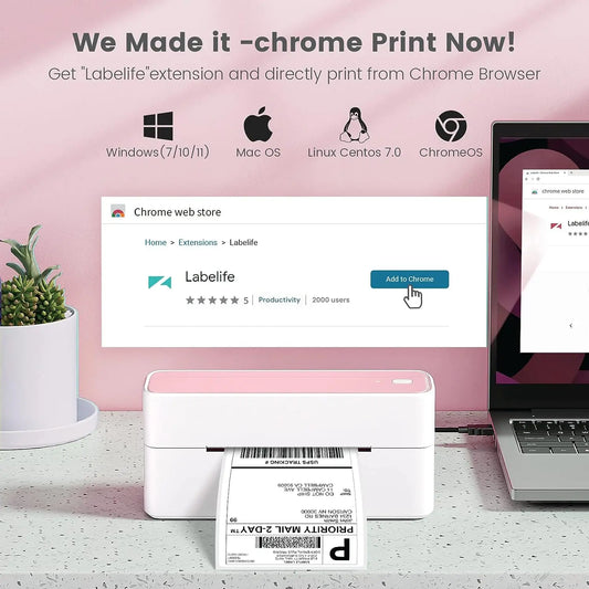Advertisement for Labelife Chrome extension with printer and laptop on a pink background
