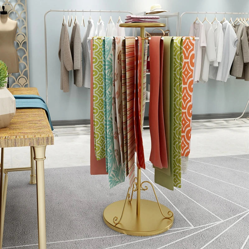 Gold Rotating Fabric Display Rack – Scarf & Clothing Stand for Boutiques & Homes