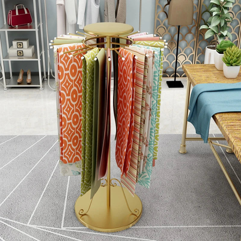 Gold Rotating Fabric Display Rack – Scarf & Clothing Stand for Boutiques & Homes