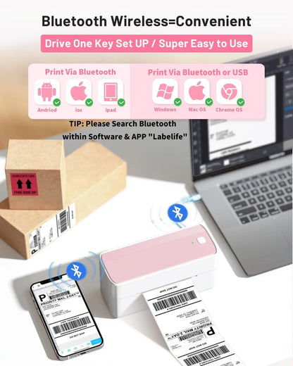 Bluetooth wireless label printer with smartphone, laptop, and printed labels on a desk.