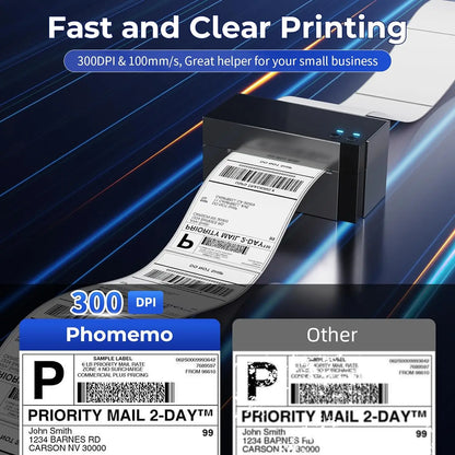 Label printer with printed labels on a dark background, highlighting fast and clear printing capabilities.