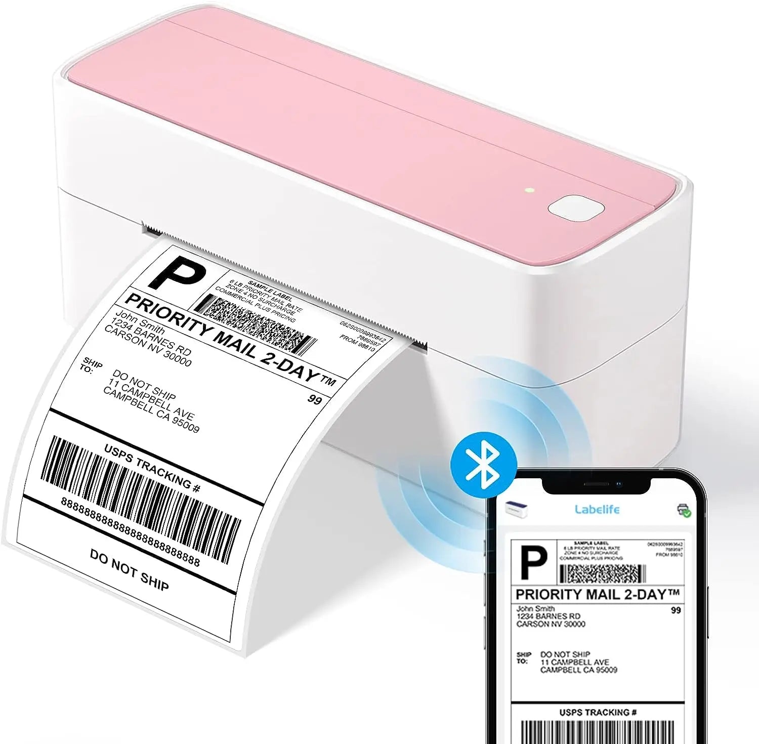 Label printer with a label and smartphone displaying a label on a white background