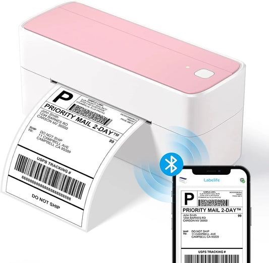 Label printer with a label and smartphone displaying a label on a white background